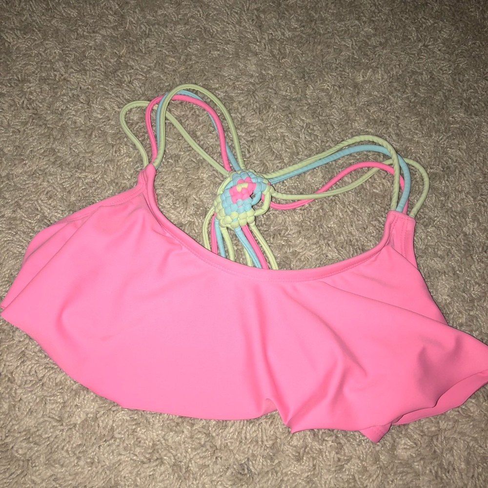 pink bathing suit top with colored strings